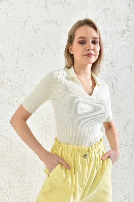 Womens Polo Neck Short Sleeve Basic Knitwear Blouse