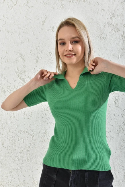 Womens Polo Neck Short Sleeve Basic Knitwear Blouse