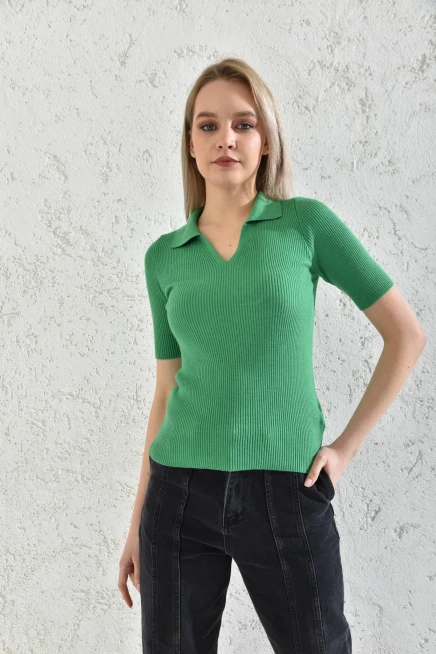 Womens Polo Neck Short Sleeve Basic Knitwear Blouse