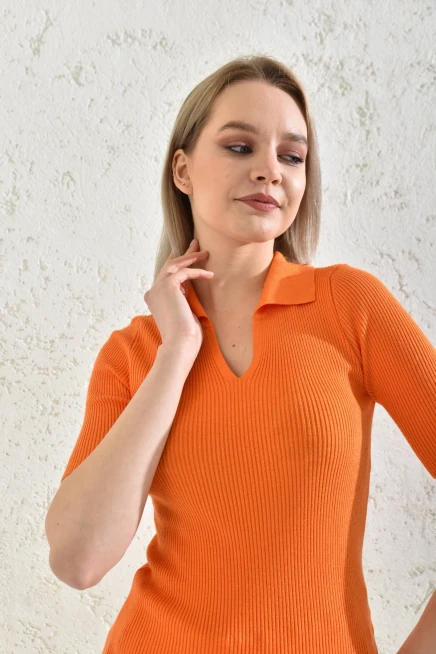 Womens Polo Neck Short Sleeve Basic Knitwear Blouse