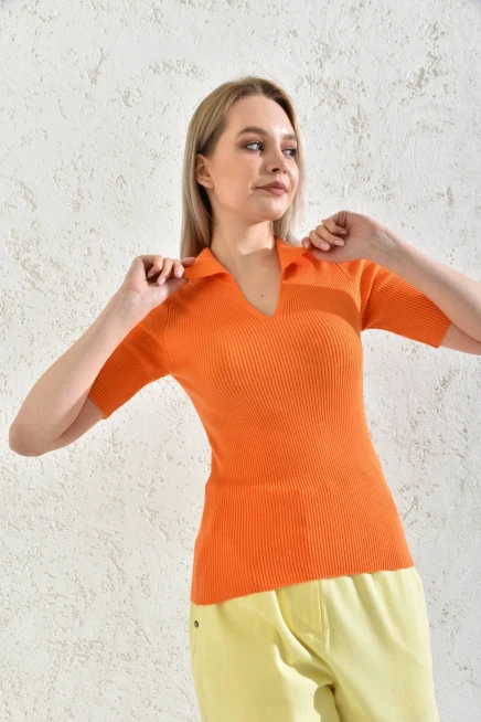 Womens Polo Neck Short Sleeve Basic Knitwear Blouse