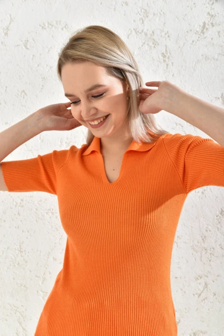 Womens Polo Neck Short Sleeve Basic Knitwear Blouse