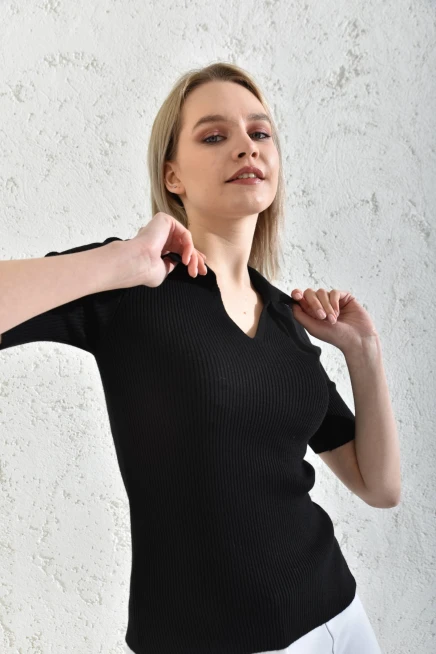 Womens Polo Neck Short Sleeve Basic Knitwear Blouse