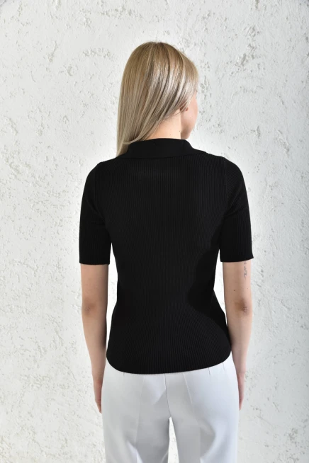 Womens Polo Neck Short Sleeve Basic Knitwear Blouse