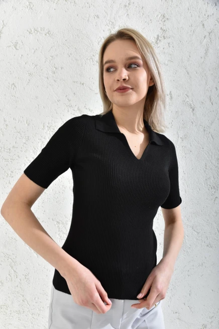 Womens Polo Neck Short Sleeve Basic Knitwear Blouse