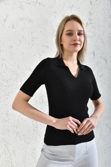 Womens Polo Neck Short Sleeve Basic Knitwear Blouse