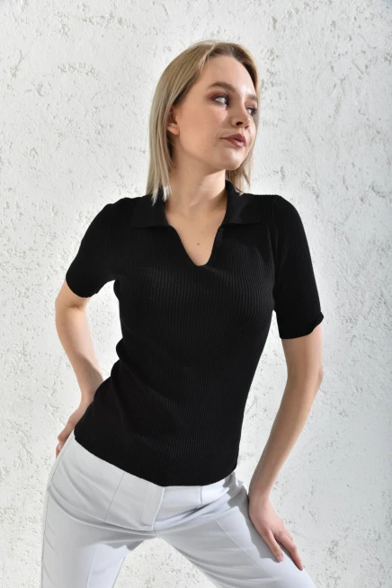 Womens Polo Neck Short Sleeve Basic Knitwear Blouse