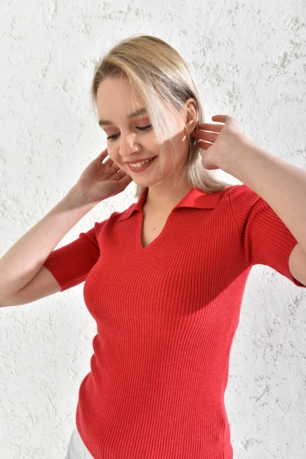 Womens Polo Neck Short Sleeve Basic Knitwear Blouse