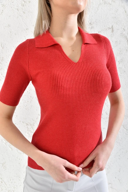 Womens Polo Neck Short Sleeve Basic Knitwear Blouse
