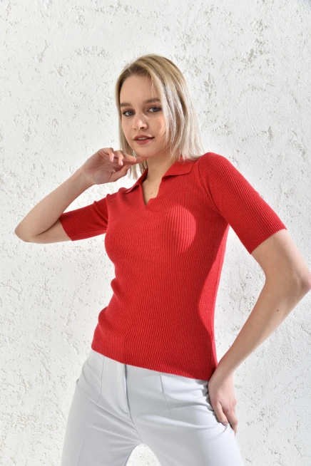 Womens Polo Neck Short Sleeve Basic Knitwear Blouse