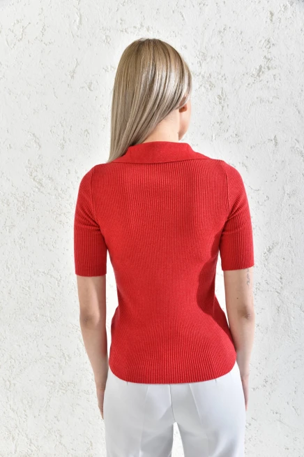 Womens Polo Neck Short Sleeve Basic Knitwear Blouse