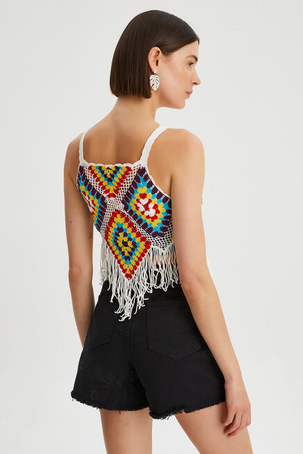 Kadın Püskül Detaylı Kroşe Crop Bluz