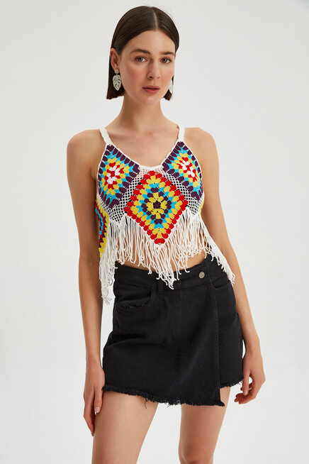 Kadın Püskül Detaylı Kroşe Crop Bluz