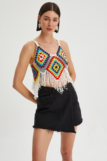 Kadın Püskül Detaylı Kroşe Crop Bluz