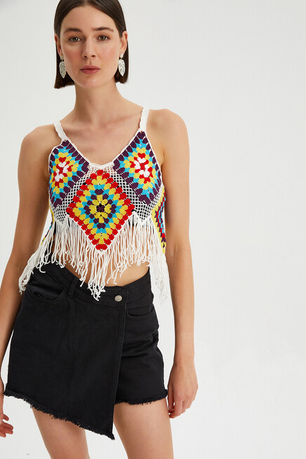 Kadın Püskül Detaylı Kroşe Crop Bluz