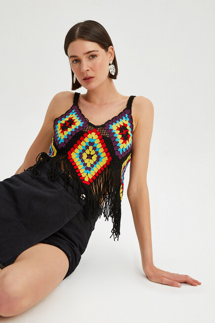 Kadın Püskül Detaylı Kroşe Crop Bluz