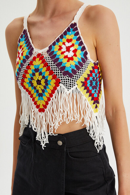 Kadın Püskül Detaylı Kroşe Crop Bluz