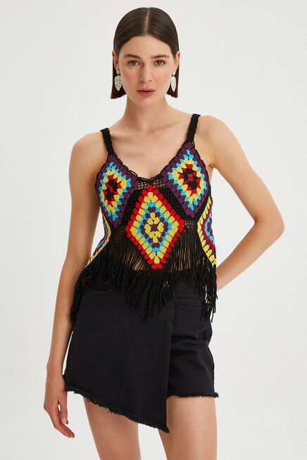 Kadın Püskül Detaylı Kroşe Crop Bluz