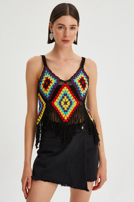 Kadın Püskül Detaylı Kroşe Crop Bluz