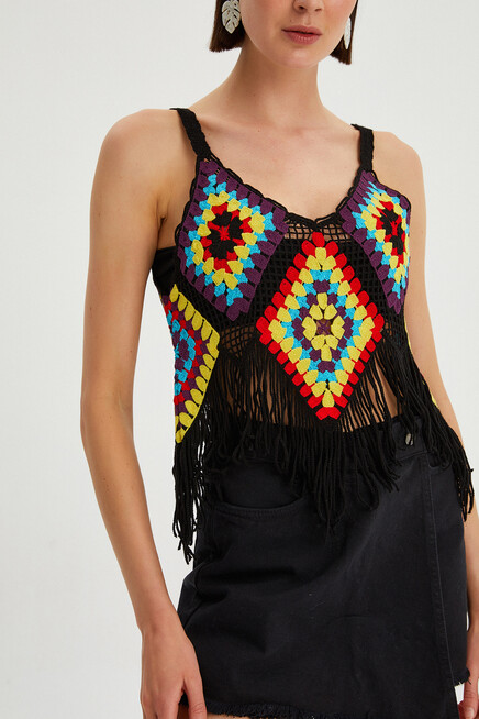 Kadın Püskül Detaylı Kroşe Crop Bluz