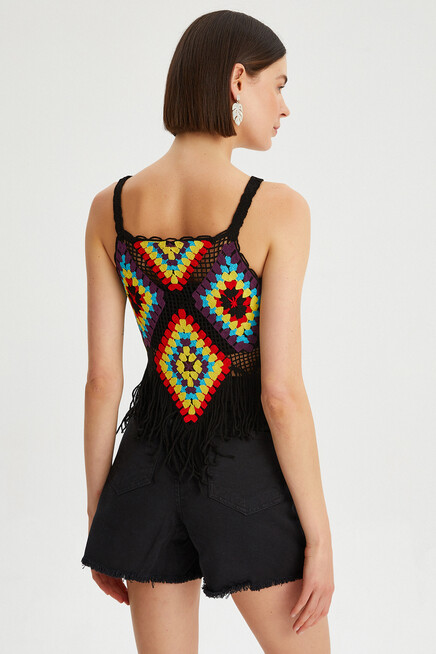 Kadın Püskül Detaylı Kroşe Crop Bluz