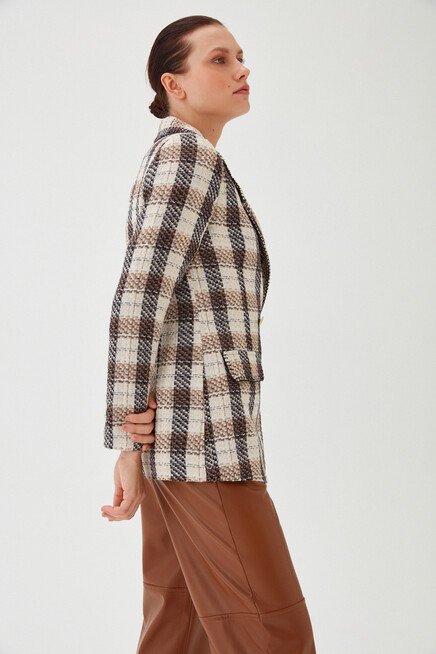 Kadın Sarı Ekose Desen Çok Renkli Slim Düğme Detay Uzun Ceket