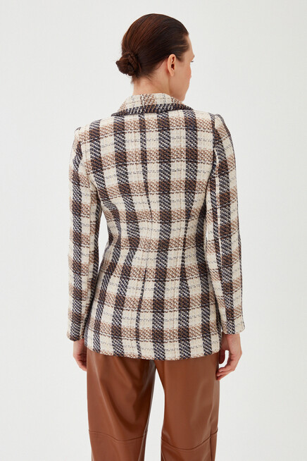 Kadın Sarı Ekose Desen Çok Renkli Slim Düğme Detay Uzun Ceket