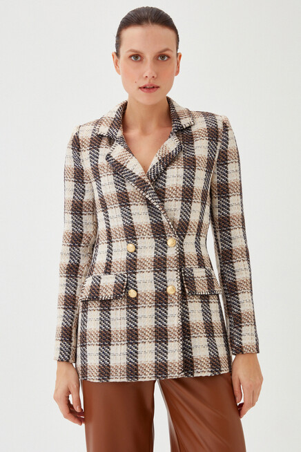 Kadın Sarı Ekose Desen Çok Renkli Slim Düğme Detay Uzun Ceket