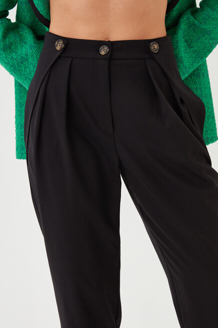 Womens Black Waist Button Detailed Pleated Fabric Trousers