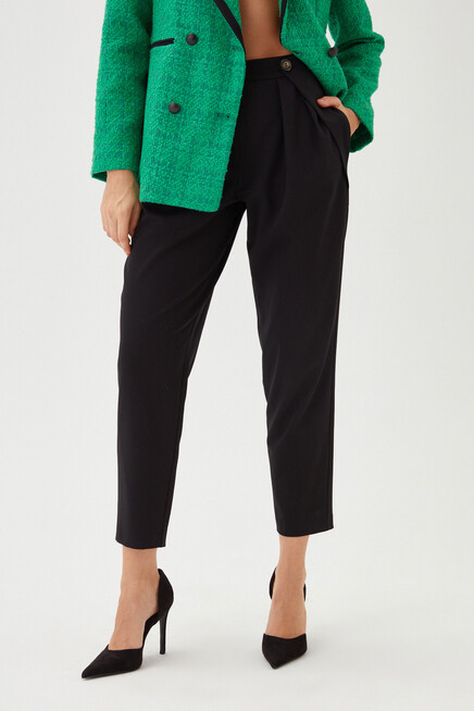 Womens Black Waist Button Detailed Pleated Fabric Trousers