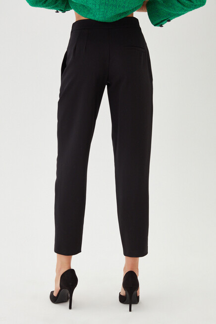 Womens Black Waist Button Detailed Pleated Fabric Trousers