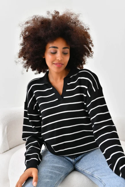 Çizgili Polo Yaka Kazak