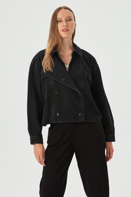 Womens Black Button Detailed Oversize Denim Jacket