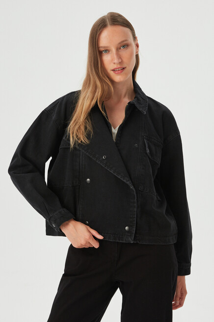 Womens Black Button Detailed Oversize Denim Jacket