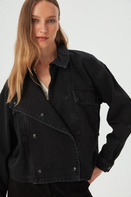 Womens Black Button Detailed Oversize Denim Jacket