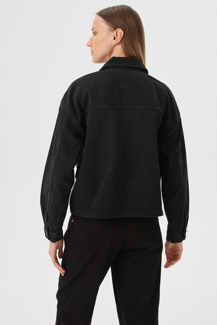 Womens Black Button Detailed Oversize Denim Jacket