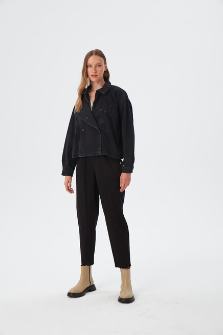 Womens Black Button Detailed Oversize Denim Jacket