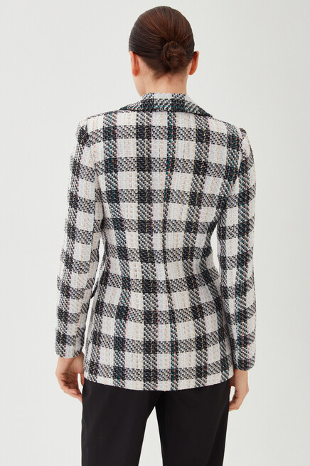 Kadın Siyah Ekose Desen Çok Renkli Slim Düğme Detay Uzun Ceket