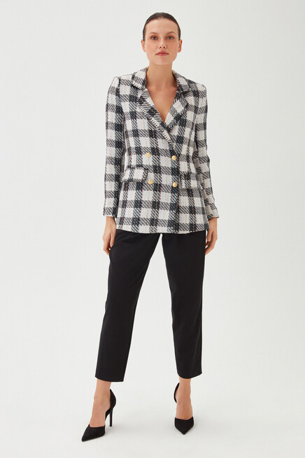 Kadın Siyah Ekose Desen Çok Renkli Slim Düğme Detay Uzun Ceket