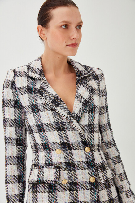 Kadın Siyah Ekose Desen Çok Renkli Slim Düğme Detay Uzun Ceket