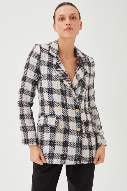 Kadın Siyah Ekose Desen Çok Renkli Slim Düğme Detay Uzun Ceket