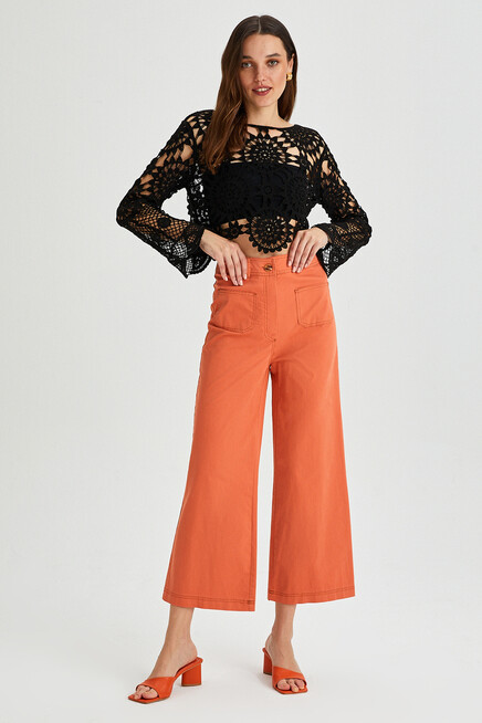 Womens Black Wide Collar Short Crochet Blouse