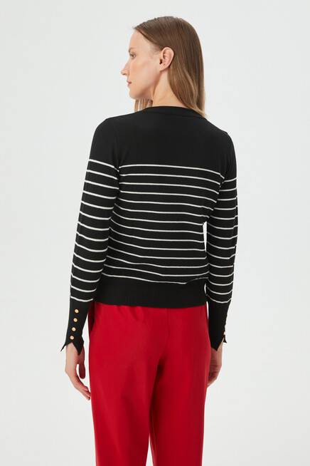 Kadın Siyah Kolu Aksesuar Detylı Çizgili Bisiklet Yaka Triko Kazak