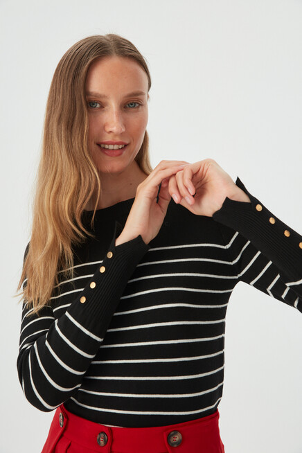 Kadın Siyah Kolu Aksesuar Detylı Çizgili Bisiklet Yaka Triko Kazak