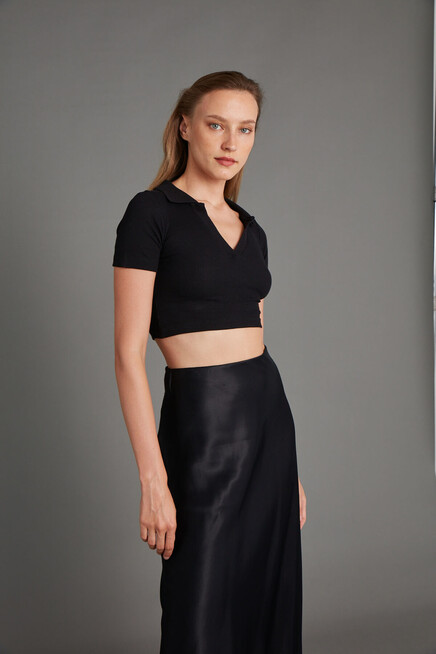 Womens Black Polo Neck Basic Crop Body