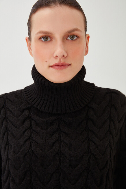 Kadın Siyah Şal Yaka Örgü Desen Yarasa Kol Detaylı Salaş Kalın Triko Kazak