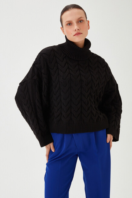 Kadın Siyah Şal Yaka Örgü Desen Yarasa Kol Detaylı Salaş Kalın Triko Kazak