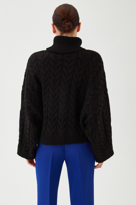 Kadın Siyah Şal Yaka Örgü Desen Yarasa Kol Detaylı Salaş Kalın Triko Kazak