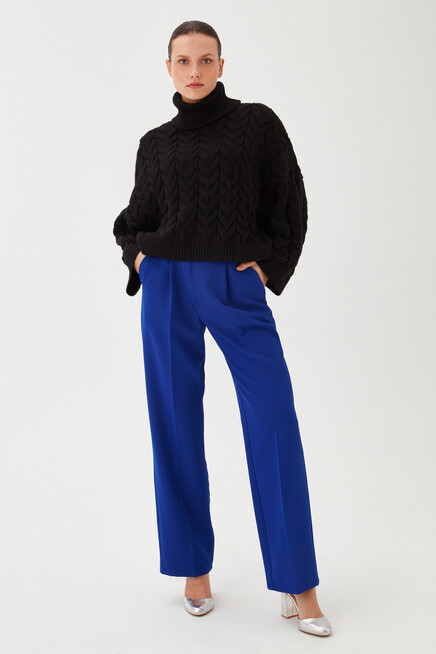 Kadın Siyah Şal Yaka Örgü Desen Yarasa Kol Detaylı Salaş Kalın Triko Kazak