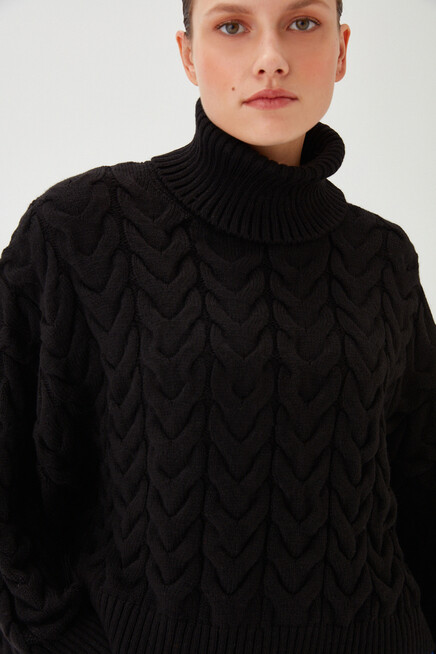Kadın Siyah Şal Yaka Örgü Desen Yarasa Kol Detaylı Salaş Kalın Triko Kazak